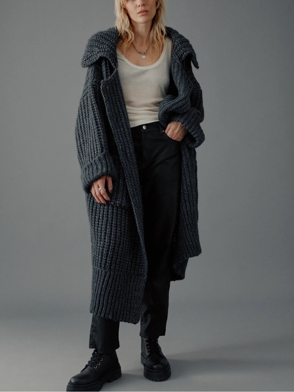 MIKUTA Dark Grey Long Knit Cardigan Alpaca Wool Oversized M/L NWT Made Portugal - Picture 3 of 14